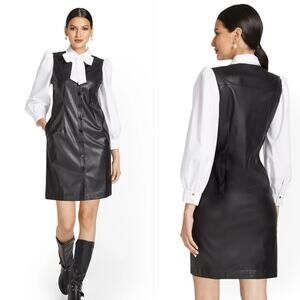 New York & Company Button-Front Shift Dress Leather Tie Neck Black Size Large